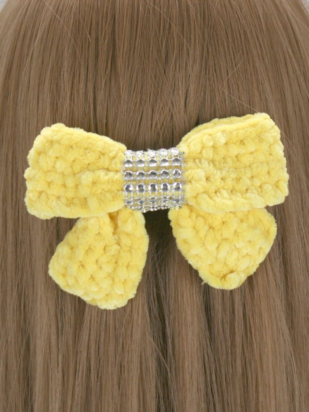 HAND CRAFTED Hair Bow Kid Crochet Chenille Velvet Hair Barrette Oversized Yellow